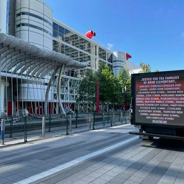 Mobile billboard demanding gun control